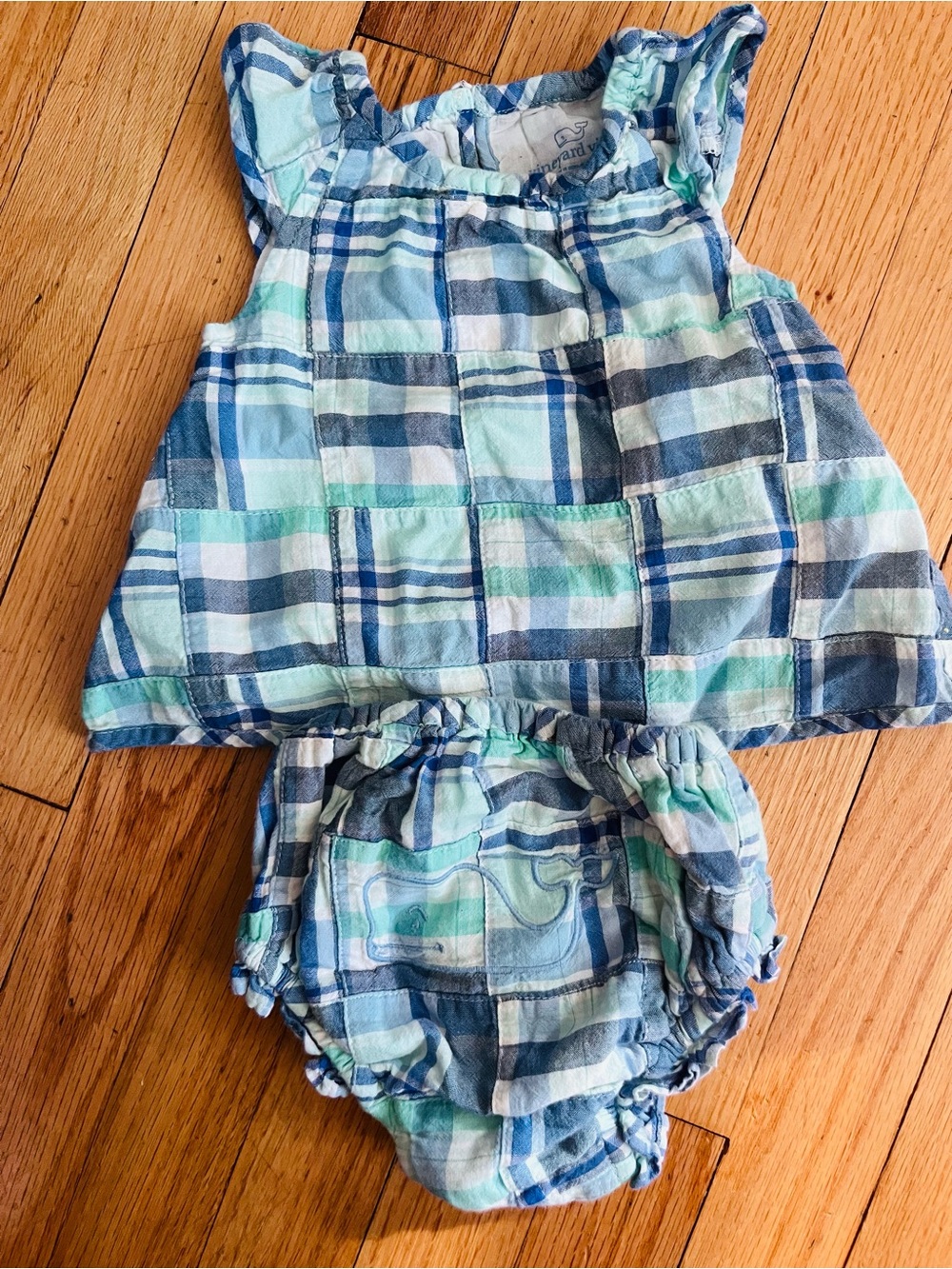 Vineyard vines Blue & Mint Plaid Baby dress and Diaper Cover Set